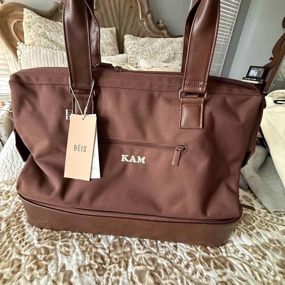 Brown Monogrammed Beis Weekender Bag (KAM)